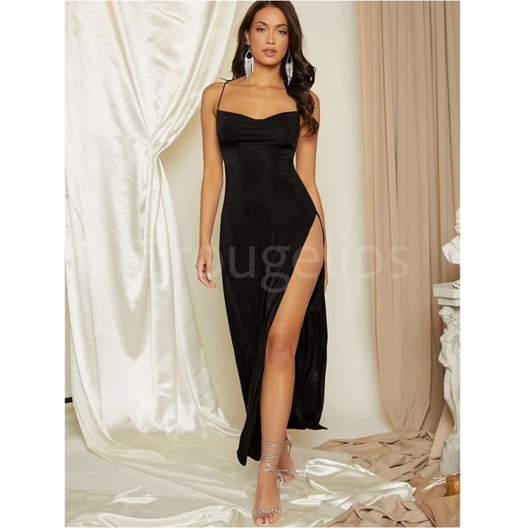 Black Maxi Long Dress Backless Lace Up Ties High Leg Slit Cami - Picture 2 of 7